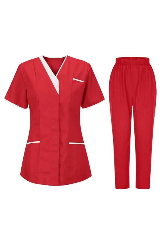 Women Scrubs Sets V Neck Short Sleeve Casual Scrub Shirts with Pocket Elastic Waist Straight Leg Scrub Pants Stretch Lightweight Medical Workwear