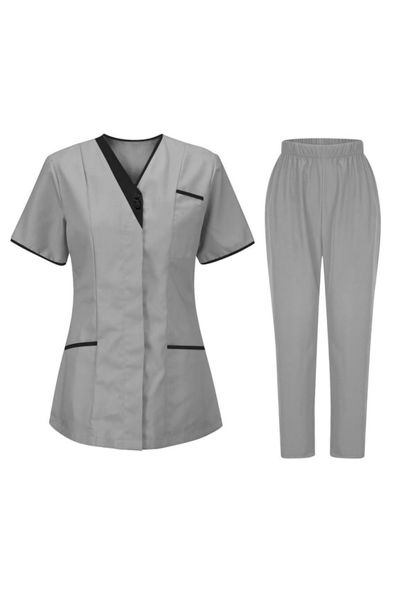 Women Scrubs Sets V Neck Short Sleeve Casual Scrub Shirts with Pocket Elastic Waist Straight Leg Scrub Pants Stretch Lightweight Medical Workwear