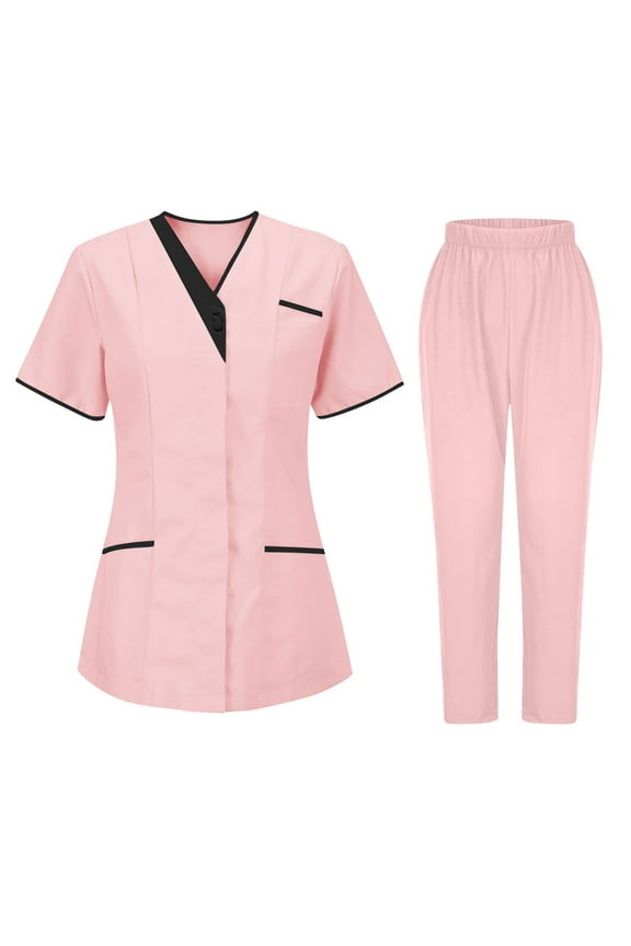 Women Scrubs Sets V Neck Short Sleeve Casual Scrub Shirts with Pocket Elastic Waist Straight Leg Scrub Pants Stretch Lightweight Medical Workwear