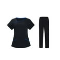 thumbnail image 1 of Women Scrubs Setst Solid Color V-Neck Short Sleeve Long Pants Nurse Uniform with Pockets Black XXL, 1 of 5