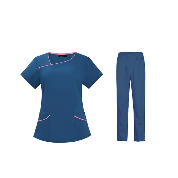 Women Scrubs Setst Solid Color V-Neck Short Sleeve Long Pants Nurse Uniform with Pockets Blue L