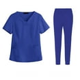 thumbnail image 1 of Women Scrubs Setst Solid Color V-Neck Short Sleeve Long Pants Nurse Uniform with Pockets Blue M, 1 of 5