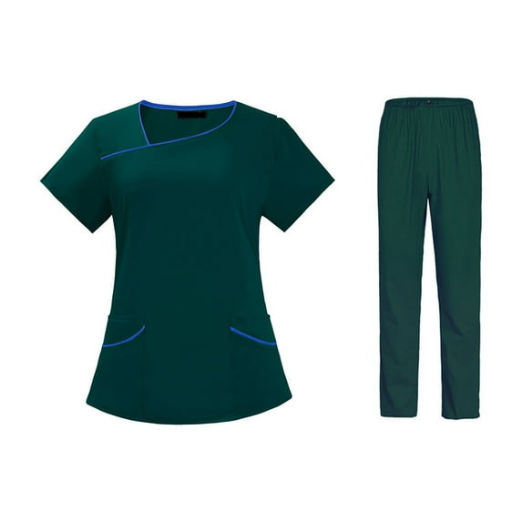 Women Scrubs Setst Solid Color V-Neck Short Sleeve Long Pants Nurse Uniform with Pockets Dark Green S