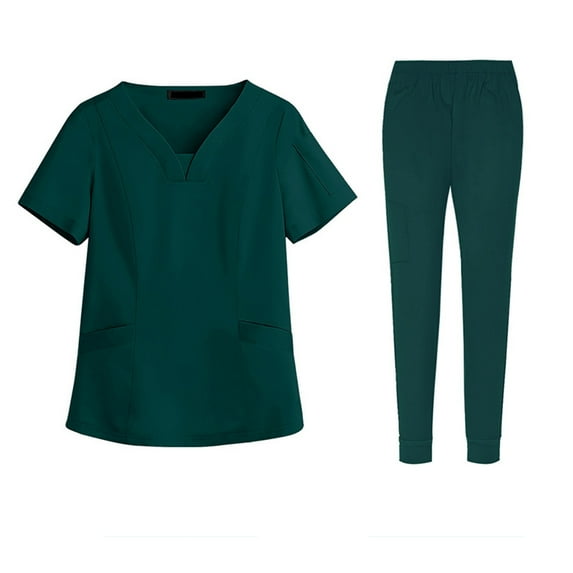 Women Scrubs Setst Solid Color V-Neck Short Sleeve Long Pants Nurse Uniform with Pockets Dark Green XL