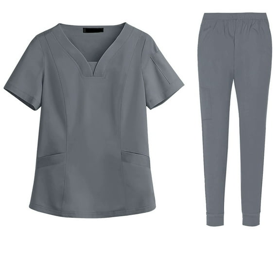 Women Scrubs Setst Solid Color V-Neck Short Sleeve Long Pants Nurse Uniform with Pockets Gray M