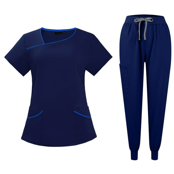 Women Scrubs Setst Solid Color V-Neck Short Sleeve Long Pants Nurse Uniform with Pockets Navy L