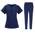 thumbnail image 1 of Women Scrubs Setst Solid Color V-Neck Short Sleeve Long Pants Nurse Uniform with Pockets Navy S, 1 of 4