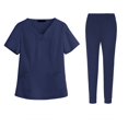 thumbnail image 1 of Women Scrubs Setst Solid Color V-Neck Short Sleeve Long Pants Nurse Uniform with Pockets Navy S, 1 of 5