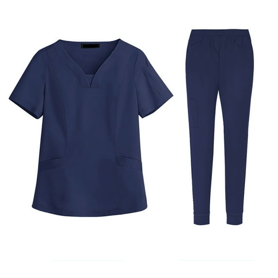 Women Scrubs Setst Solid Color V-Neck Short Sleeve Long Pants Nurse Uniform with Pockets Navy S
