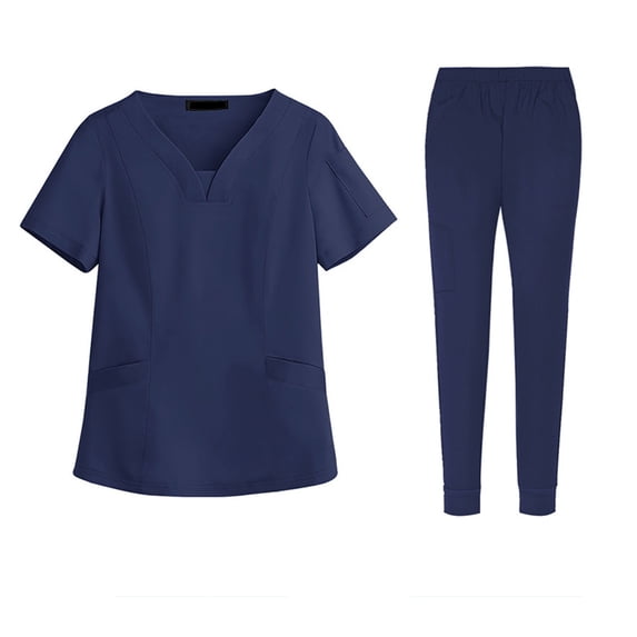 Women Scrubs Setst Solid Color V-Neck Short Sleeve Long Pants Nurse Uniform with Pockets Navy XXL