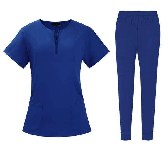 Women Scrubs Setst Solid Color V-Neck Short Sleeve Long Pants Nurse Uniform with Pockets Royal Blue XL