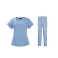 thumbnail image 1 of Women Scrubs Setst Solid Color V-Neck Short Sleeve Long Pants Nurse Uniform with Pockets Sky Blue XL, 1 of 3