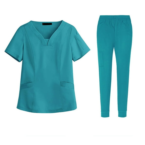 Women Scrubs Setst Solid Color V-Neck Short Sleeve Long Pants Nurse Uniform with Pockets Turquoise S