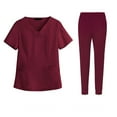 thumbnail image 1 of Women Scrubs Setst Solid Color V-Neck Short Sleeve Long Pants Nurse Uniform with Pockets Wine M, 1 of 5
