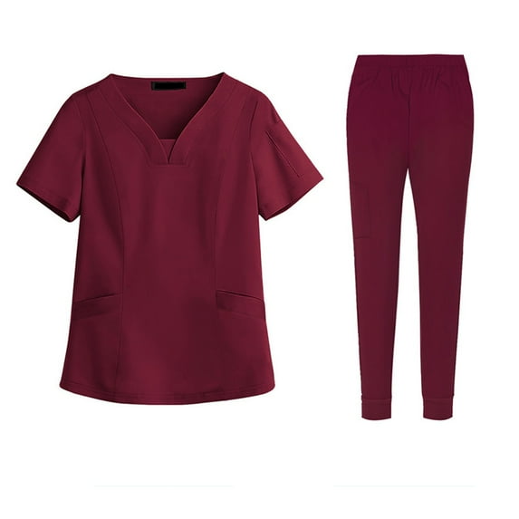 Women Scrubs Setst Solid Color V-Neck Short Sleeve Long Pants Nurse Uniform with Pockets Wine M