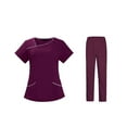 thumbnail image 1 of Women Scrubs Setst Solid Color V-Neck Short Sleeve Long Pants Nurse Uniform with Pockets Wine XL, 1 of 4