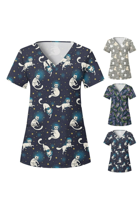 Women Scrubs Tops Cute Cat Short Sleeve V Neck T Shirts with Poackets, S-2XL