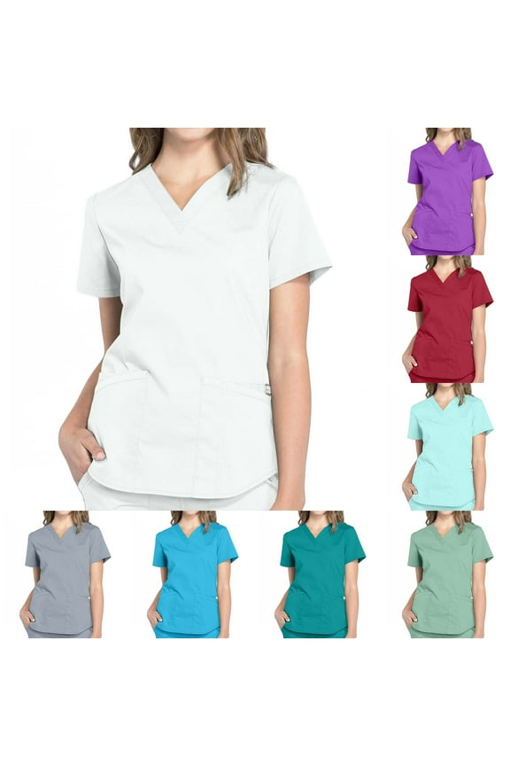Women Scrubs Tops Short Sleeve V Neck T Shirts with Poackets, S-2XL