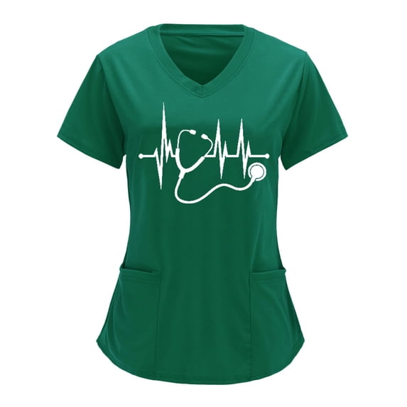 Women Scrubs Tops V Neck Solid Heart Print Nursing Uniform Summer Short Sleeves Workwear Nurse Tees Blouses with Pocket