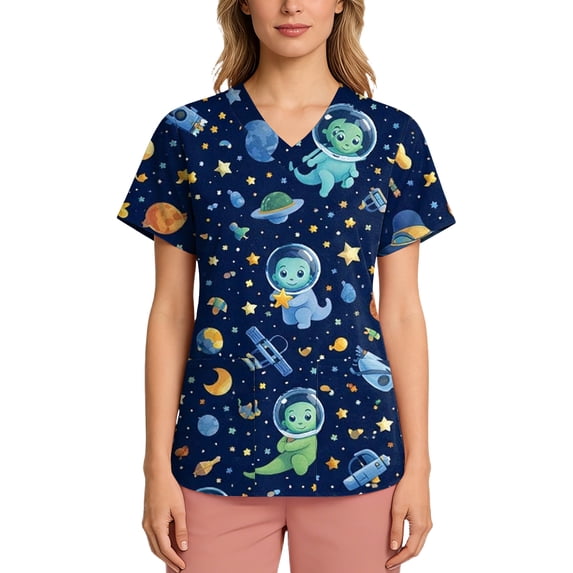 Women Scrubs V-Neck Short Sleeve Cute Cartoon Print Scrub Tops Comfortable Medical Workwear with Pockets