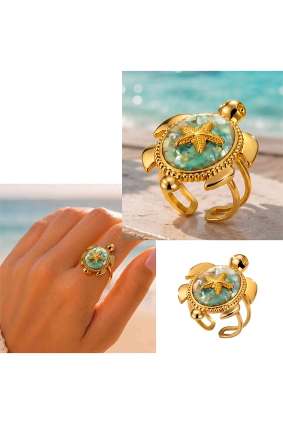 Women Sea Turtle Starfish Adjustable Open Ring, 18K Gold-Tone Plated Stainless Steel Jewelry, Ocean Boho Ring with Shell Inlay, Comfort Fit Ring for Vacation Beach Everyday Wear