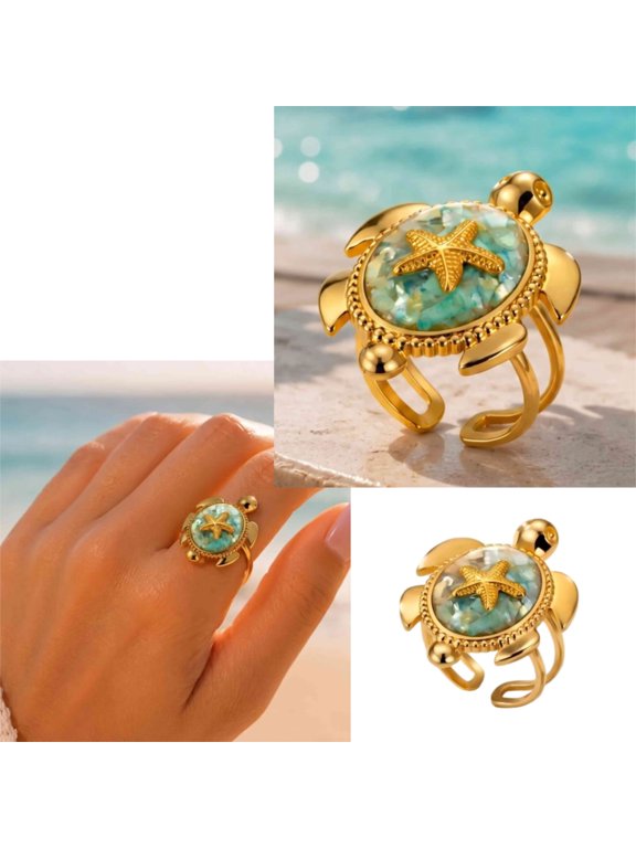 Women Sea Turtle Starfish Adjustable Open Ring, 18K Gold-Tone Plated Stainless Steel Jewelry, Ocean Boho Ring with Shell Inlay, Comfort Fit Ring for Vacation Beach Everyday Wear