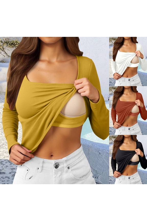 Women Seamless Built-in Bra Long Sleeve Shirts U Neck Knit T-Shirts Basic Tops Fall Winter Outfits,Black,XL