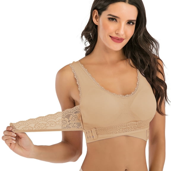 Women Seamless Cross Front Side Buckle Lace Sports Bras Yoga Running Bras Workout Gym Bra, Beige, XL