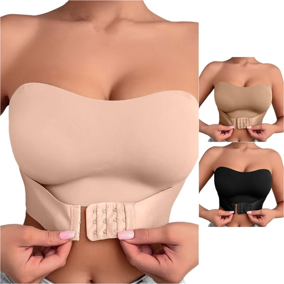 Women Seamless Full Coverage Bandeau Bra Wireless Front Closure Strapless Tube Top No Show Soft Support, M, Beige
