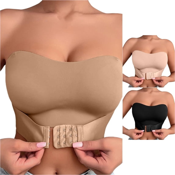 Women Seamless Full Coverage Bandeau Bra Wireless Front Closure Strapless Tube Top No Show Soft Support, S, Khaki