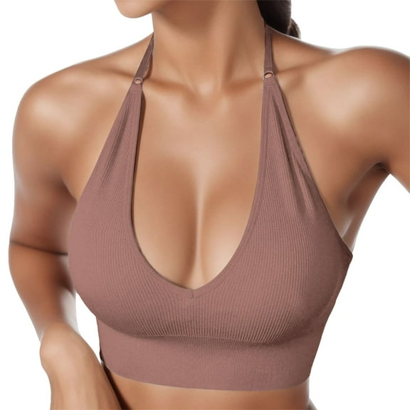 Women Seamless Halter Sports Bra Open Back Padded Workout Crop Tank Tops Push Up Wireless Bralettes for Workout Gym