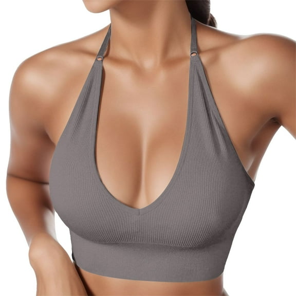 Women Seamless Halter Sports Bra Open Back Padded Workout Crop Tank Tops Push Up Wireless Bralettes for Workout Gym
