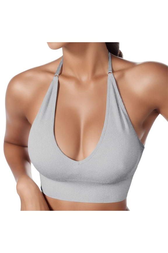 Women Seamless Halter Sports Bra Open Back Padded Workout Crop Tank Tops Push Up Wireless Bralettes for Workout Gym