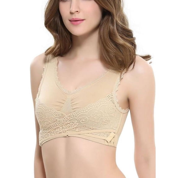 Women Seamless Lace Plus Size Bra,Cross Front Side Buckle Lounge Bra Yoga Workout Activewear Removable Padded Wide Shoulder Strap Sleep Underwear, Sexy Beautiful Back Easy to Wear Sports Bra,Nude