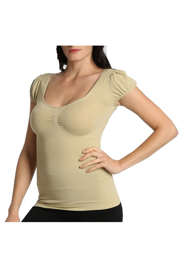 Women Seamless Low Cut Scoop Neck Short Sleeve Tee Shirt Slim Fit Solid Color T-Shirt