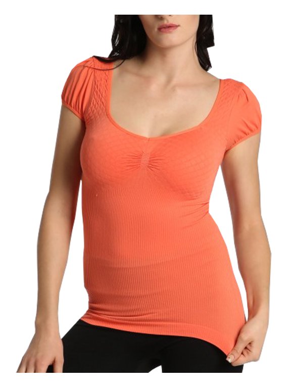 Women Seamless Low Cut Scoop Neck Short Sleeve Tee Shirt Slim Fit Solid Color T-Shirt