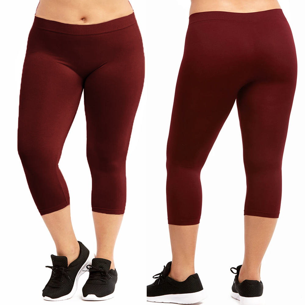 Women Seamless Plus One Size Footless Stretch Yoga Pants Capri Leggings Burgundy - image 1 of 7