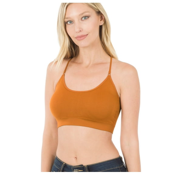 Women Seamless Round Neck Daily Padded Sports Bra Top with Adjustable Cross Back Straps (Almond, One Size)