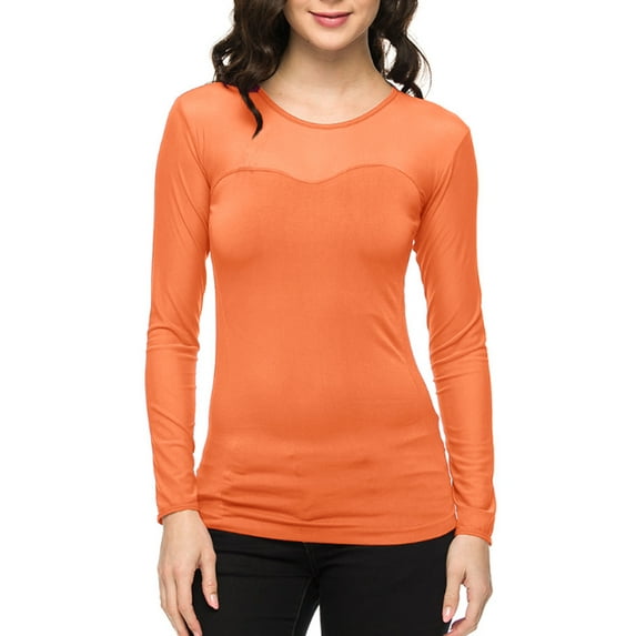 Women Seamless Sheer Long Sleeve Mesh Top Sweetheart Neckline Blouse Tops Shirt