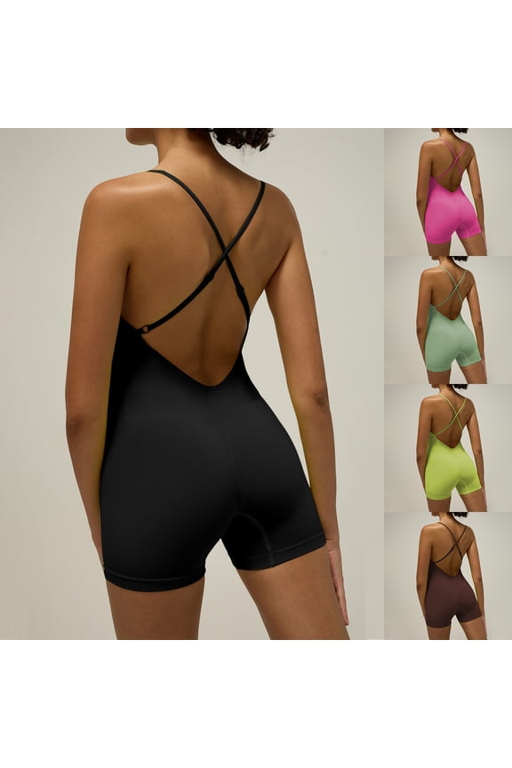 Women Seamless Short Jumpsuit Yoga Ribbed Square Neck Back Cross One Piece Workout Romper Light Green M