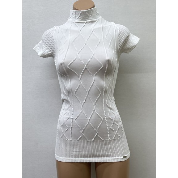 Women Seamless Short Sleeve Mock Neck Dimond Texture Material Blouse Top Stretch Tee Shirts