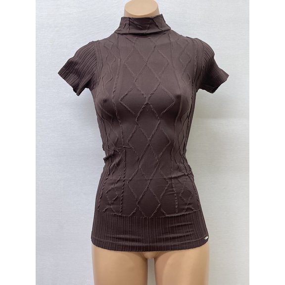 Women Seamless Short Sleeve Mock Neck Dimond Texture Material Blouse Top Stretch Tee Shirts