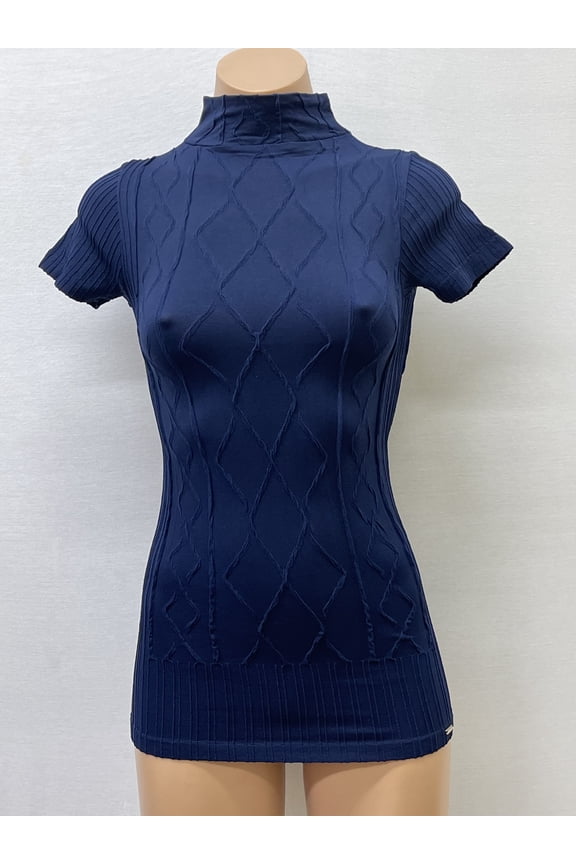 Women Seamless Short Sleeve Mock Neck Dimond Texture Material Blouse Top Stretch Tee Shirts