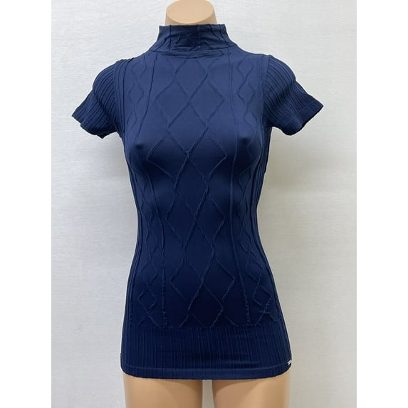 Women Seamless Short Sleeve Mock Neck Dimond Texture Material Blouse Top Stretch Tee Shirts