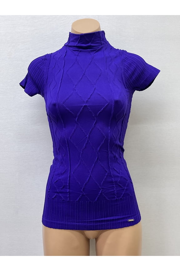 Women Seamless Short Sleeve Mock Neck Dimond Texture Material Blouse Top Stretch Tee Shirts