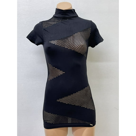 Women Seamless Short Sleeve Mock Neck Mesh Design Texture Material Blouse Top Stretch Tee Shirts