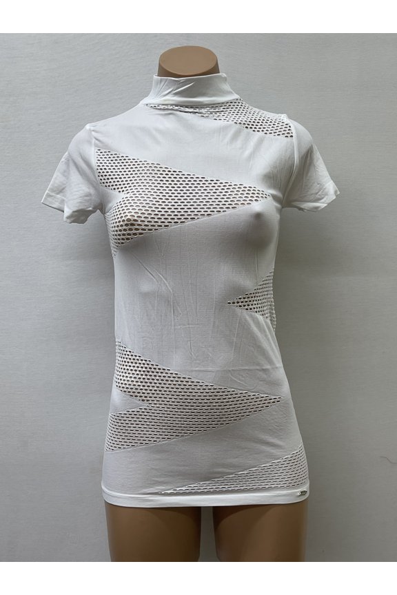 Women Seamless Short Sleeve Mock Neck Mesh Design Texture Material Blouse Top Stretch Tee Shirts