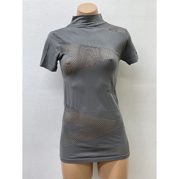 Women Seamless Short Sleeve Mock Neck Mesh Design Texture Material Blouse Top Stretch Tee Shirts