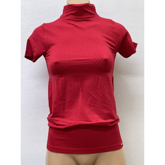 Women Seamless Short Sleeve Mock Neck Mini Dimond design Texture Material Blouse Top Stretch Tee Shirts
