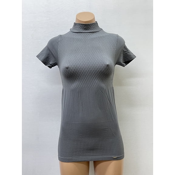 Women Seamless Short Sleeve Mock Neck Mesh Design Texture Material Blouse Top Stretch Tee Shirts